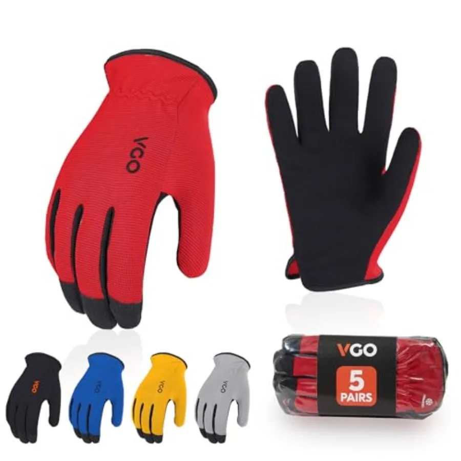 Vgo... 5-Pairs High Dexterous Work Gloves For Men Women, Breathable, Light Duty, Excellent Grip, Value Pack L, 5 Colors, AL8736