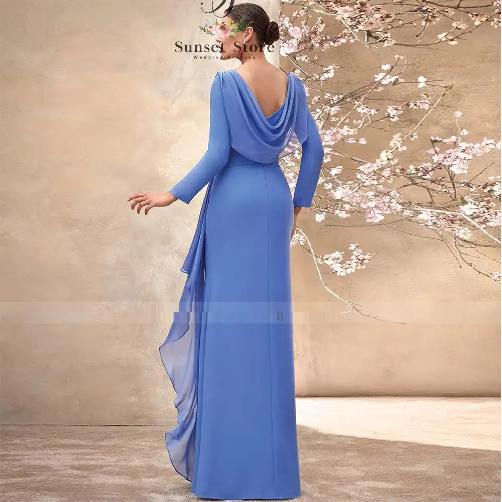Customized   Bride Dress Long Sleeves Asymmetrical V Neck Wedding Guest Gown Blue Side Slit Formal Evening Gown