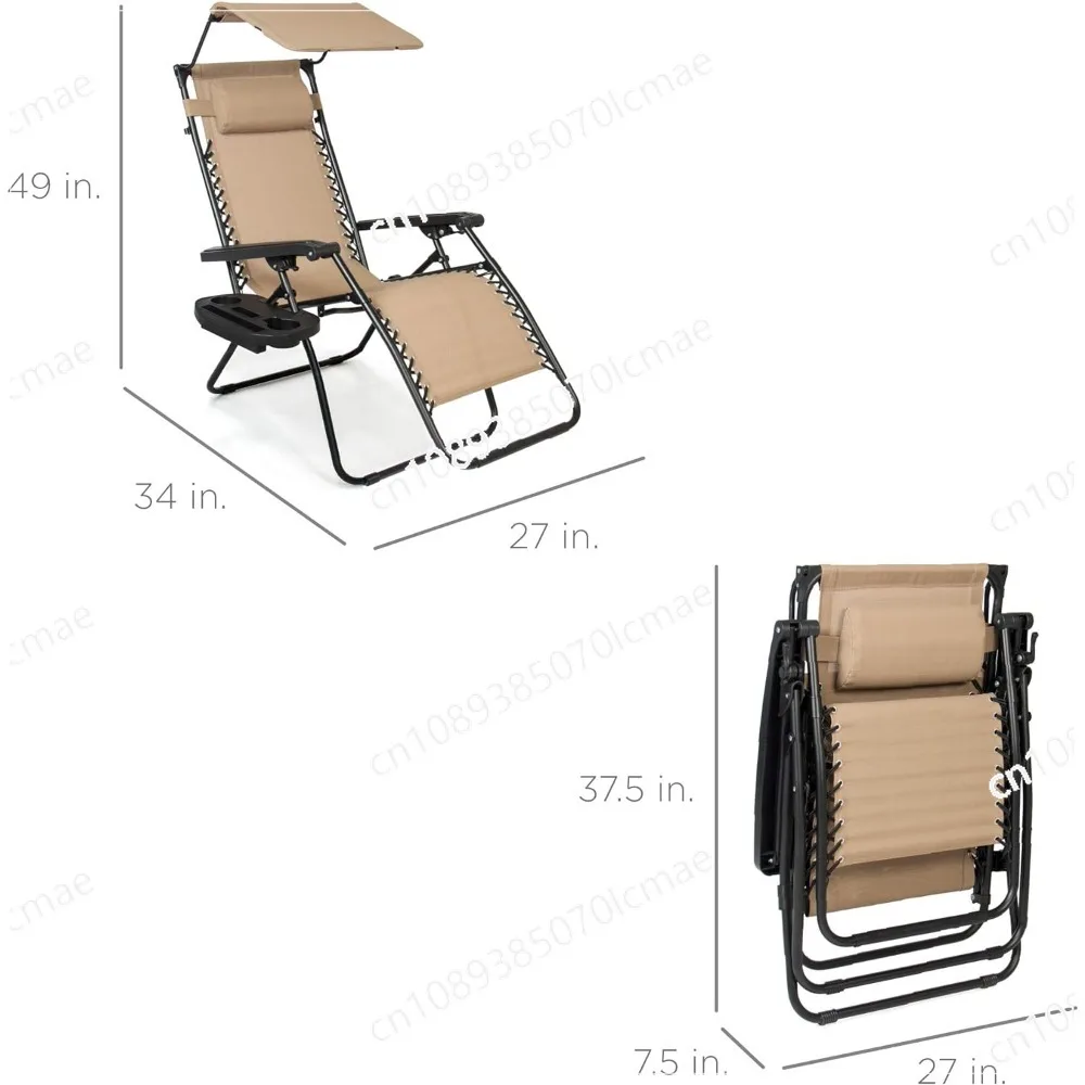 Folding Beach Chair, Adjustable Canopy Shade and Headrest, Side Accessory Tray, All Weather Outdoor Lounge Chairs