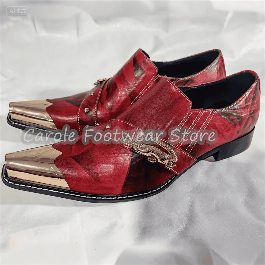 

Male Genuine Leather Metal Pointed Toe Mules Crocodile Decor Mixed Color Shallow Loafers Comfortable Slip-On Formal Shoes