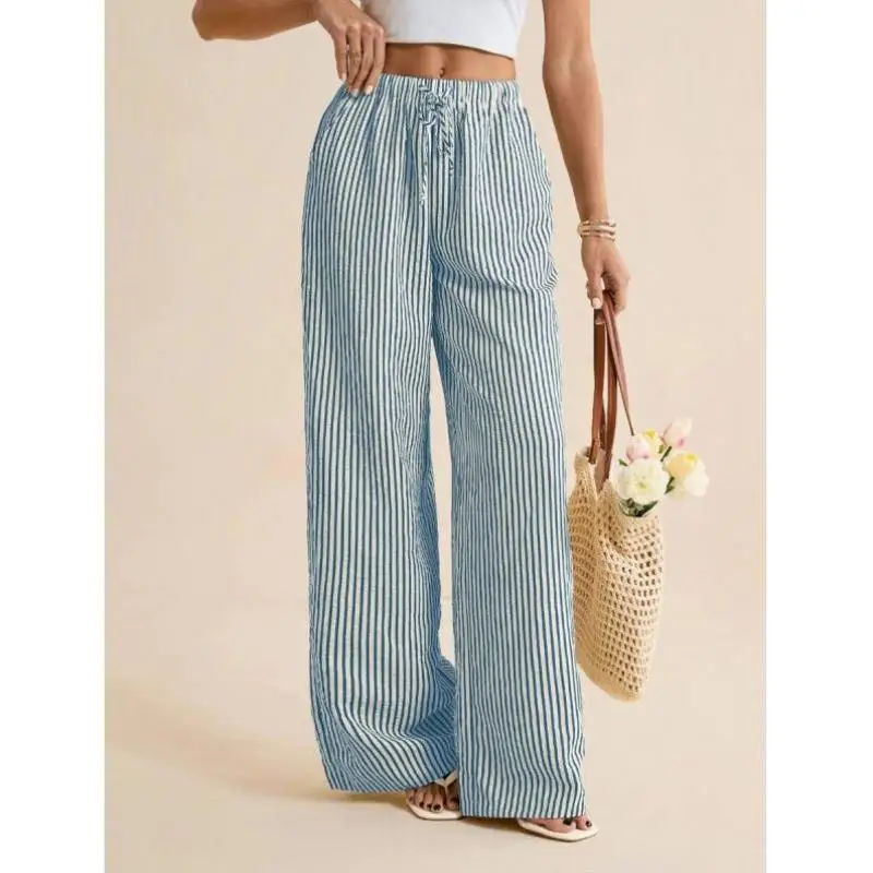 

Blue Casual Wide Leg Dstring Pants Women's Loose Fit Striped Loose Trousers Ciwalk Vintage Sle Nine Points Length