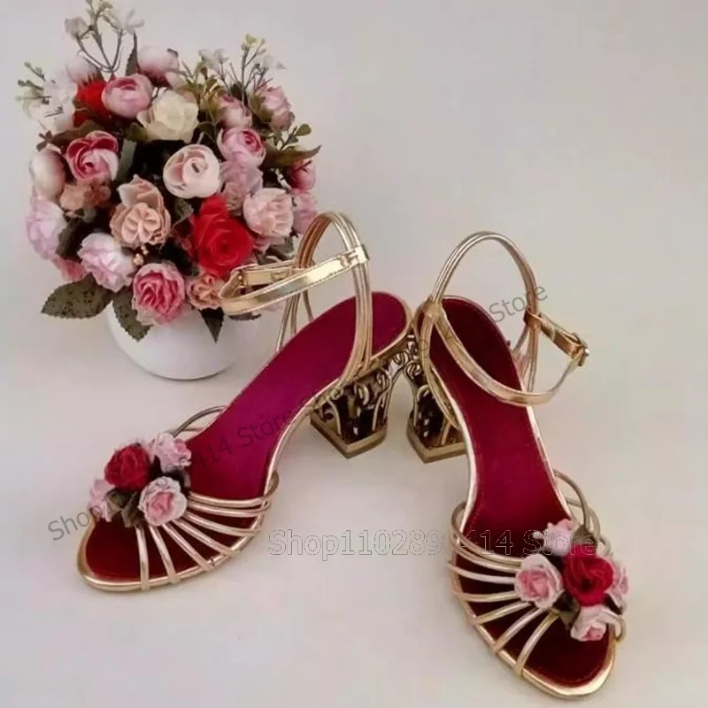 Flower Decor Metal Birdcage Heel Court Style Sandals Ankle Buckle Strap Women Shoes New Fashion Banquet 2024 Zapatos Para Mujere