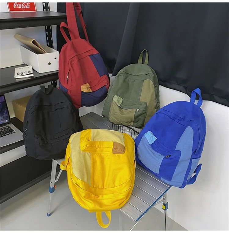 Contrast Color Block Canvas Backpack Large Capacity Casual School Travel Rucksack for Student Daily Use