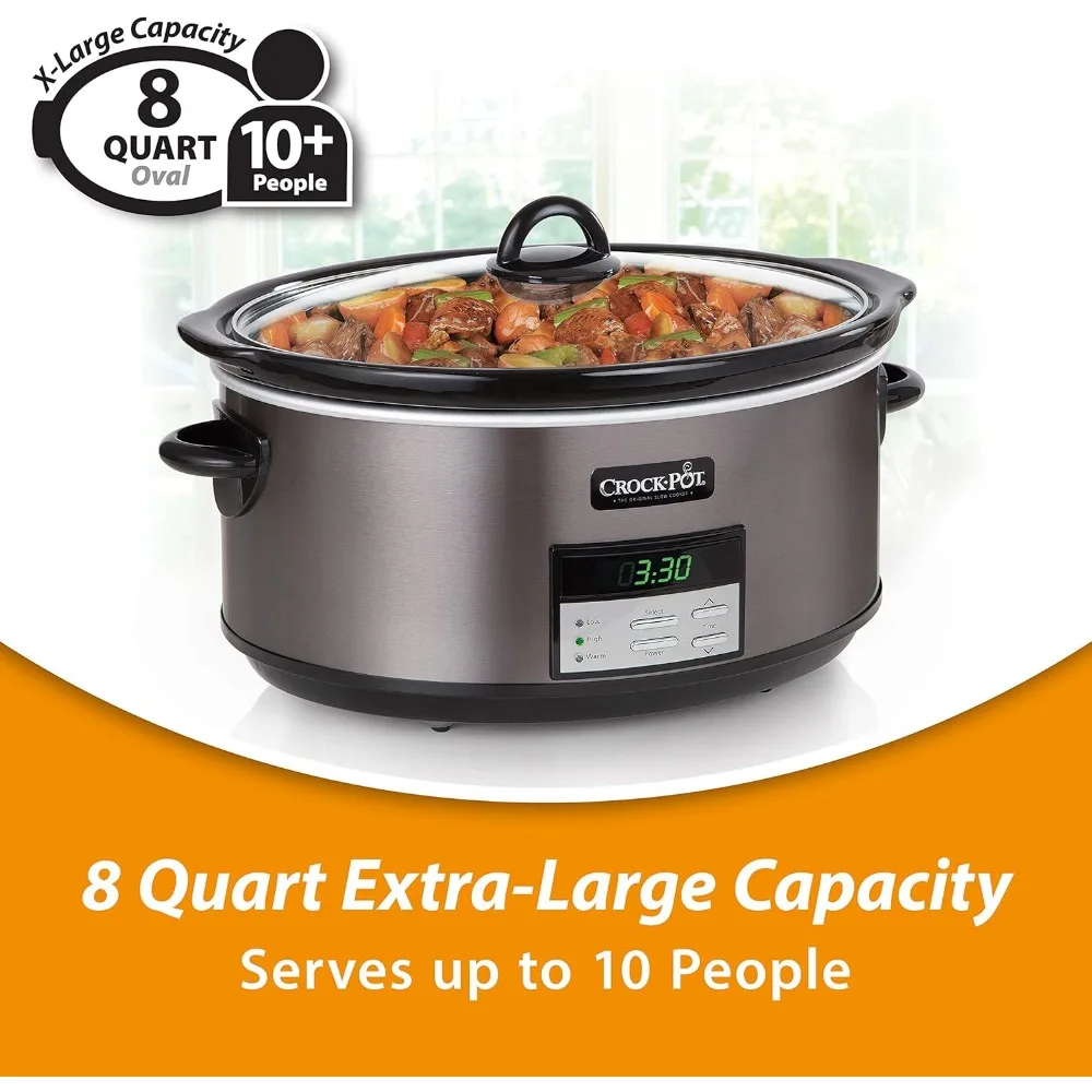 Fogão lento programável com ajuste automático quente, grande 8-Quart, aço inoxidável preto, inclui Cookbook