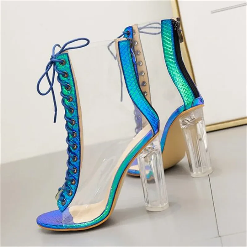 PVC Women\'s shoes transparent sandals cross lace fish mouth sandals 11cm thick heel Lace Up Round Toe