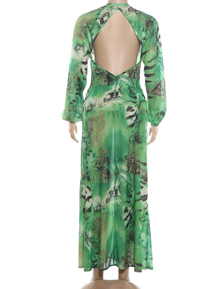 Nibber Laternenärmel Tigerstreifen-Print Langes Kleid Damen Herbst-Trend Tiefer V-Ausschnitt Sexy Rückenfreies Strand-Party Elegantes Kleid – Detail 5