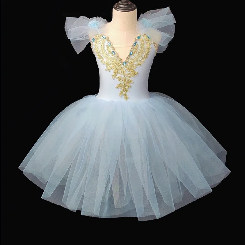 Premium Romantic Ballerina Dress Golden Floral Lace Crystal Trimming Bodice Light Blue Mesh Shoulders Airy Soft Tulle Tutu Skirt