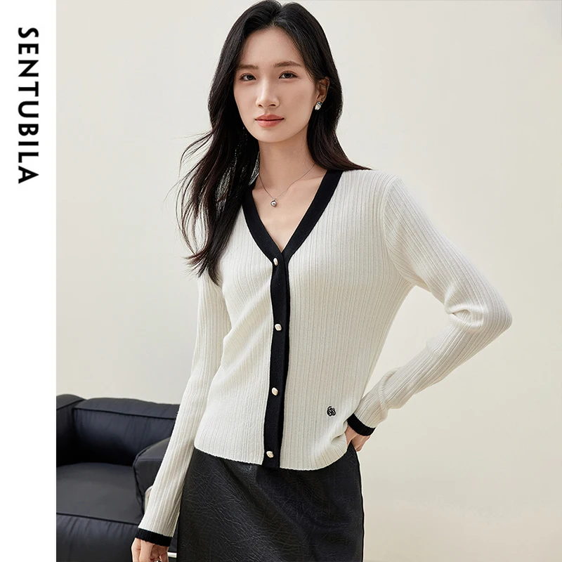 SENTUBILA Spliced Wool Cardigan for Women 2025 Spring Embroidery Slim V Neck Long Sleeve Knitted Tops Female Clothing W51H58341