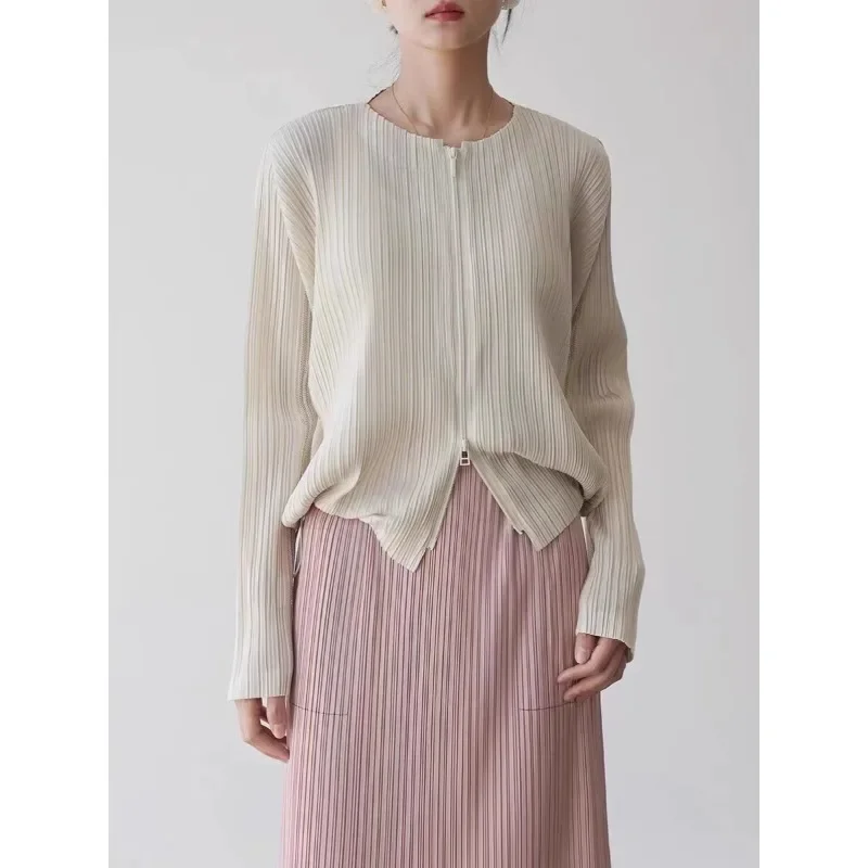 Miyake Pleated Autumn Jacket Women Casual Zipper Drawstring Round Neck Long Sleeve Solid Color Fashion Top