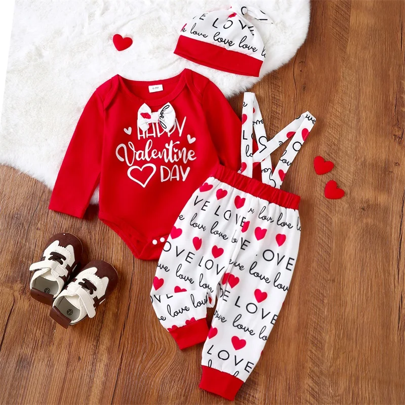 Baby Valentines Day Clothes Set Cute Boys Letter Heart Bow Tie Long Sleeve Round Neck Romper Suspender Pants Hat Outfits