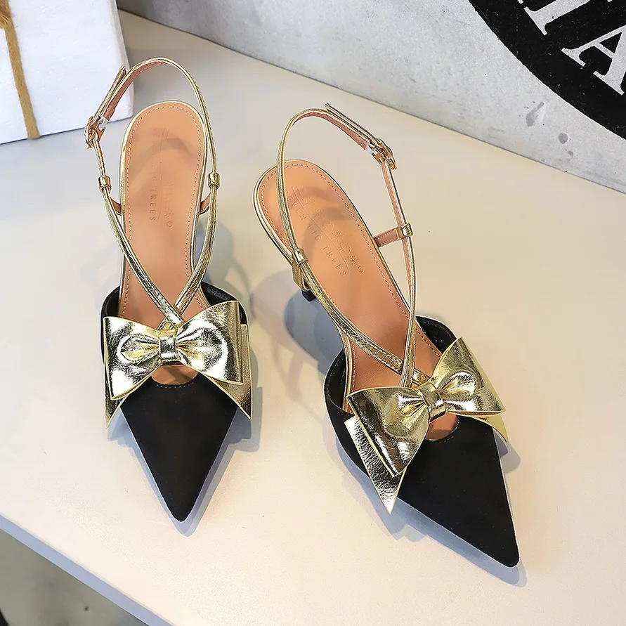 

BIGTREE Shoes Women Pumps Color blocked bow High Heels suede buckle Women Heels Hollow out high-heeled sandals Summer shoes New