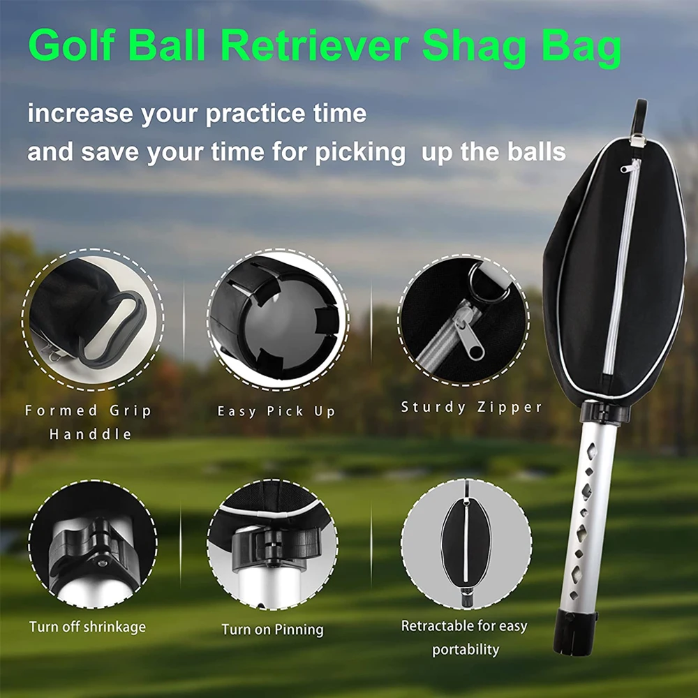 Golf Ball Retriever Golf Ball Shag Bag,Aluminum Alloy Tube Retractable &Portable Pocket Storage,Up Storage Pocket Up to 80 Balls