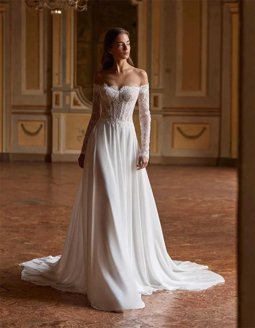 Tokyo Lace Corset Long Sleeve Sheer Bodice A Line Wedding Dress Off Shoulder Bridal Gown Boho Marriage Dress Civil Evening 2026