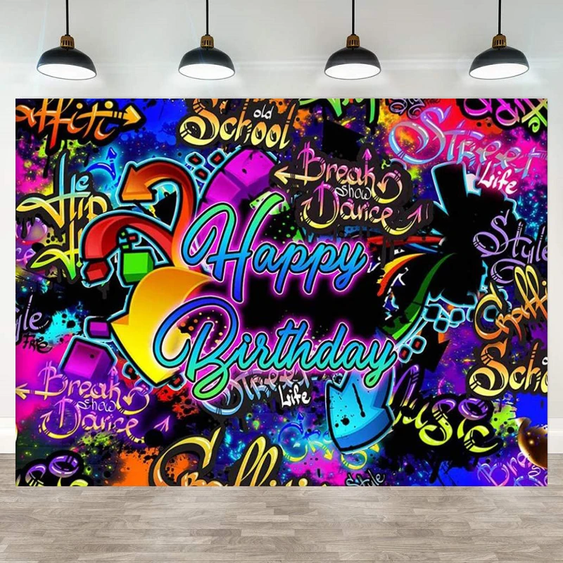 

Photography Backdrop Neon Graffiti Retro Hip Hop 80s 90s Party Background Dark Glow Splatter Birthday Party Decoration Banner