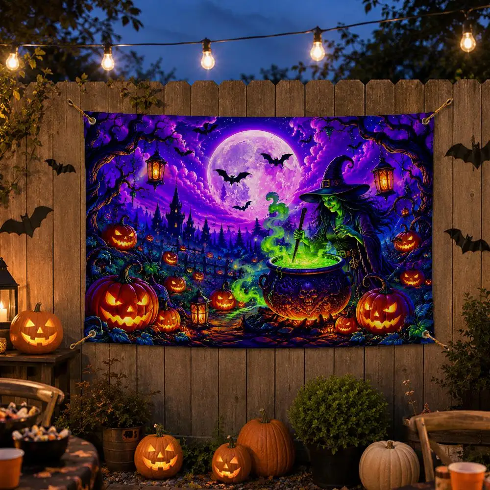 Neon Colorful Halloween Fantasy Flags Spooky Halloween Wall Hanging Banner Washable Fade‑Resistant Indoor Outdoor Party Decor