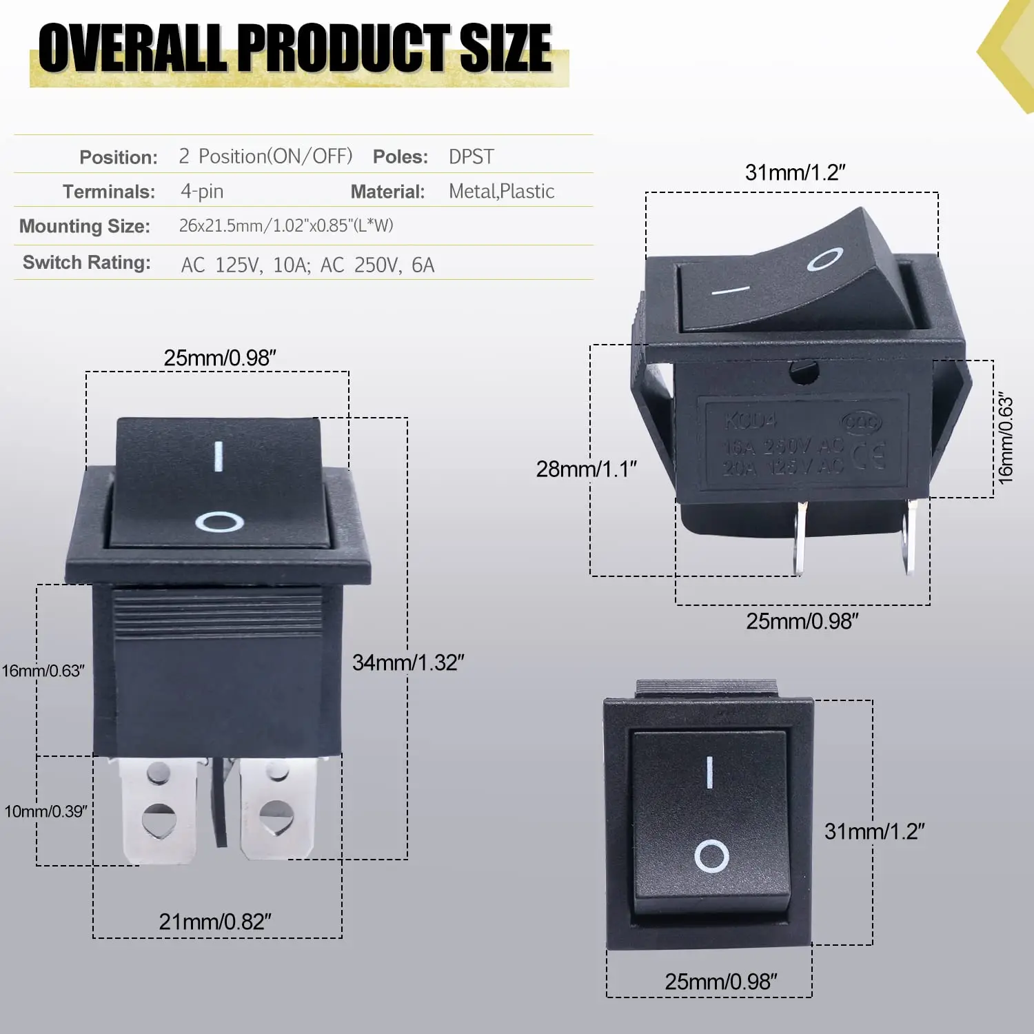 สวิตช์โยก KCD4 10 ชิ้น 4 ขา 2 ตำแหน่ง DPST เปิด-ปิด สีดำ สวิตช์โยกเรือขนาดเล็ก 20A 125VAC 16A 250VAC แบบกดติดตั้ง