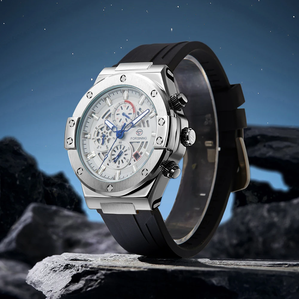 

Мужские автоматические механические часы FORSINING с автоподзаводом, силиконовым ремешком, модные, многофункциональные, с календарем, водонепроницаемость 3ATM, официальная модель