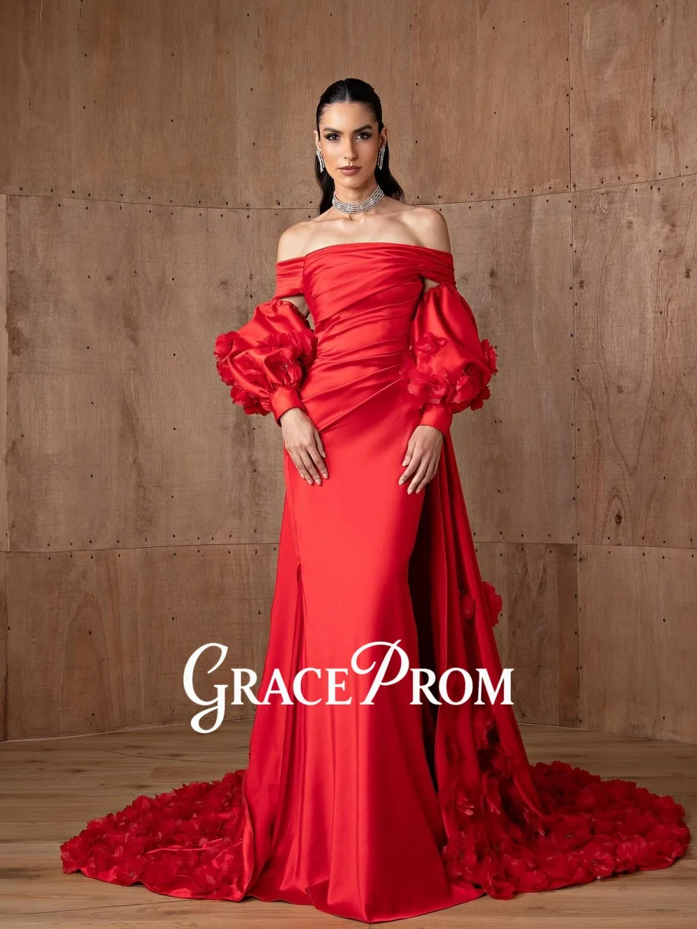 

GraceProm Luxurious Red Satin Evening Dress Off-Shoulder Floral Puff Sleeve Floor-Length Red Carpet Gown Formal Shiny Party Gown