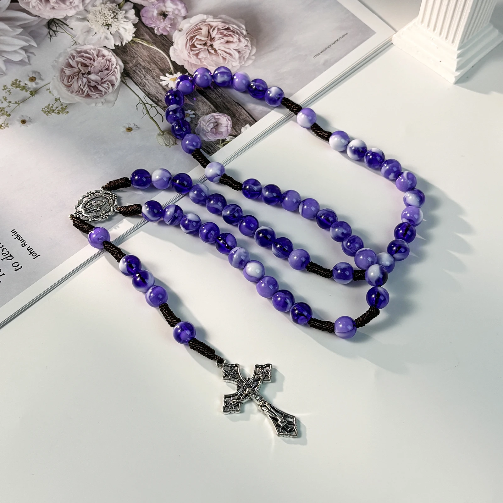 Purple Beads Catholic Rosary Necklace with Cross Pendant, Handcrafted Jewelry for Women's Prayer Necklace, Spiritual Gifts