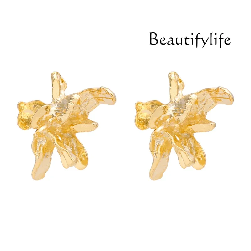 

French three-dimensional gold flower earrings women's retro Hong Kong style earclips 925 silver stud earrings