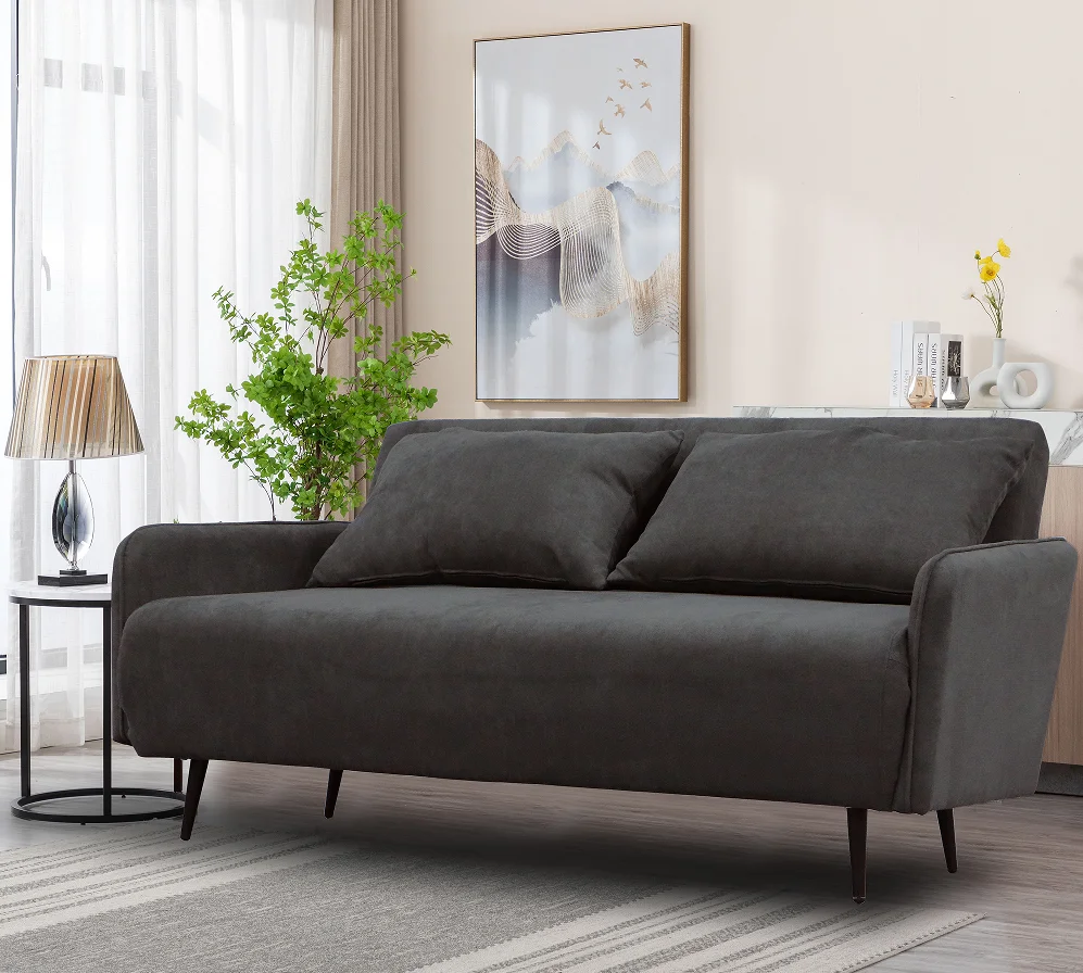 #Black Fabric Modern Convertible Loveseat Sleeper Sofa Bed With Pillows For Living Room
