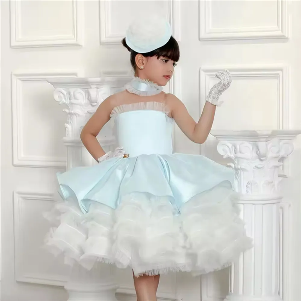 

Customized Luxury Sky Blue Arabric Flower Girl Wedding Dress with Headgear Kids Princess Birthday Party Children Holiday Gown