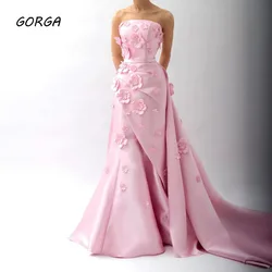 GORGA Pink Strapless Satin Appliques Mermaid Prom dress 2024 Slim Backless Floor-Length Sweep Train Formal Evening Dress