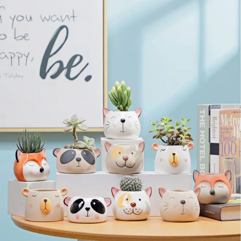 Nordic Style Ceramic Animal Flower Pot Cartoon Bear Cat Cow Head Mini Pot Succulents Plants Bonsai Pots Home Decoration