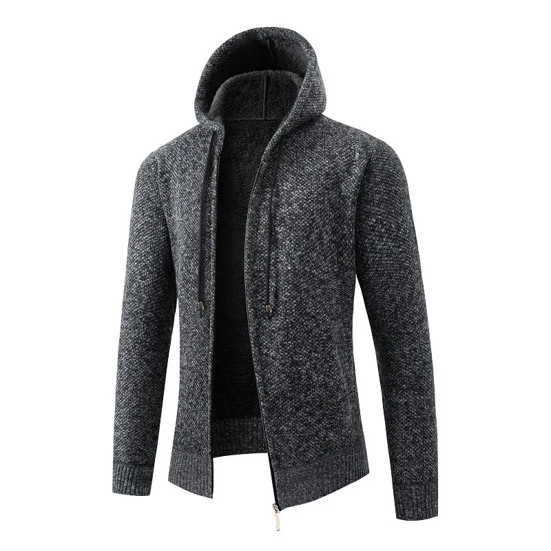 2024 Winter Men\'s Hooded Coat Simple Long Sleeved Sweater Plush Casual Coat Hooded Zippered Cardigan