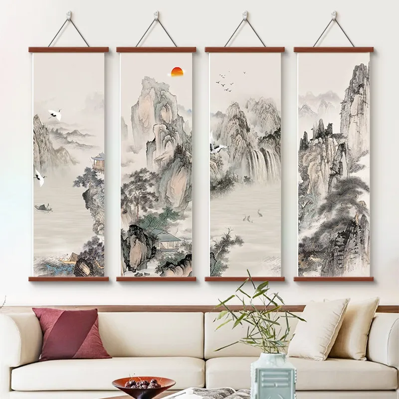 Home Office Study Tea room decor aesthetic Chinese Style Wealth Landscape Painting, Mural Canvas for Living Room Background Wall