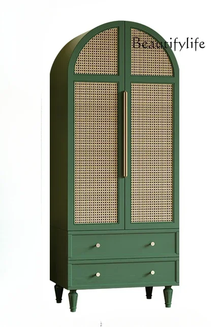 Dark green rattan wardrobe bedroom arched hanging wardrobe double door high cabinet American retro homestay furniture