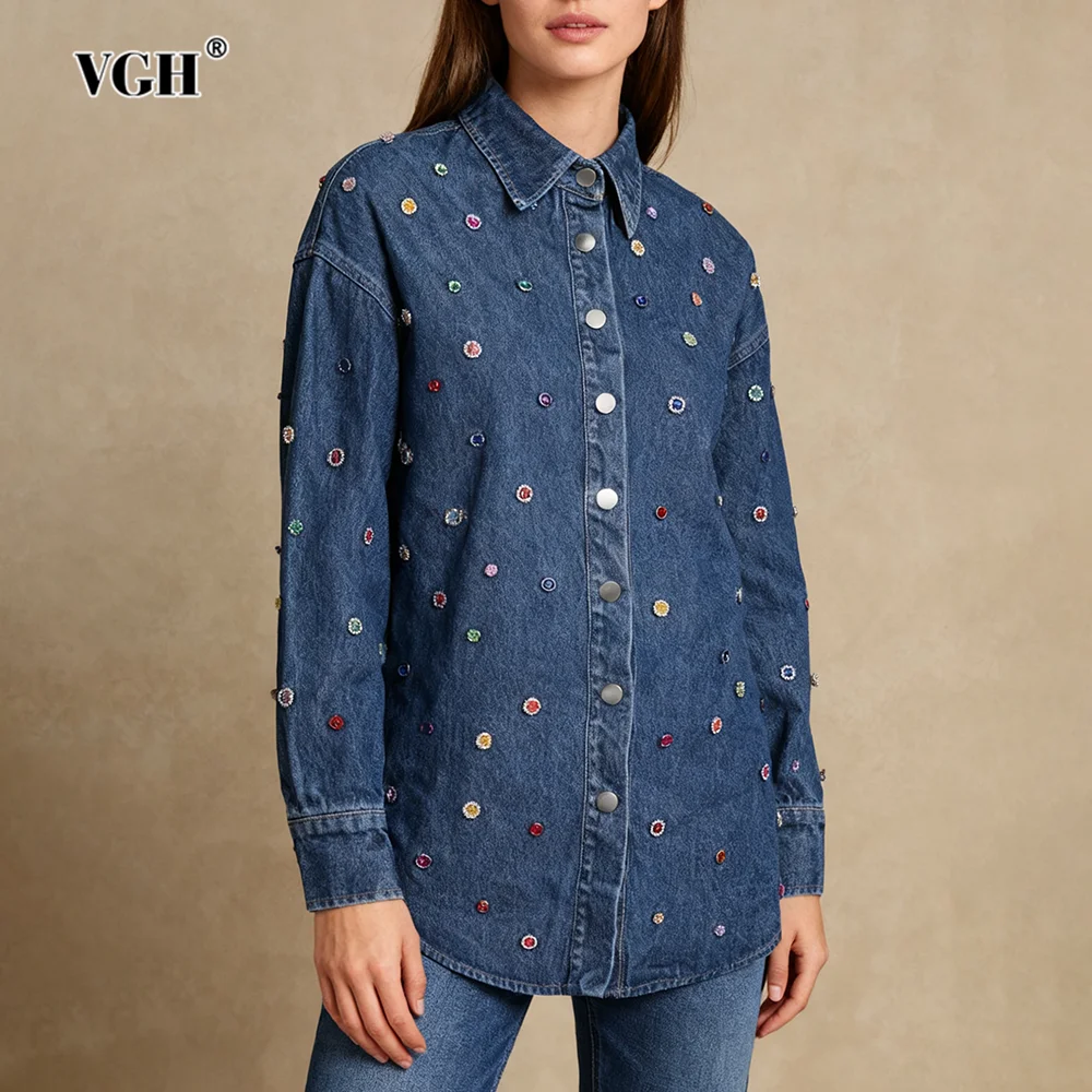 

VGH модная дизайнерская тонкая джинсовая куртка для женщин с лацканами и длинными рукавами, разноцветные украшения с бриллиантами, пальто, женские осенние