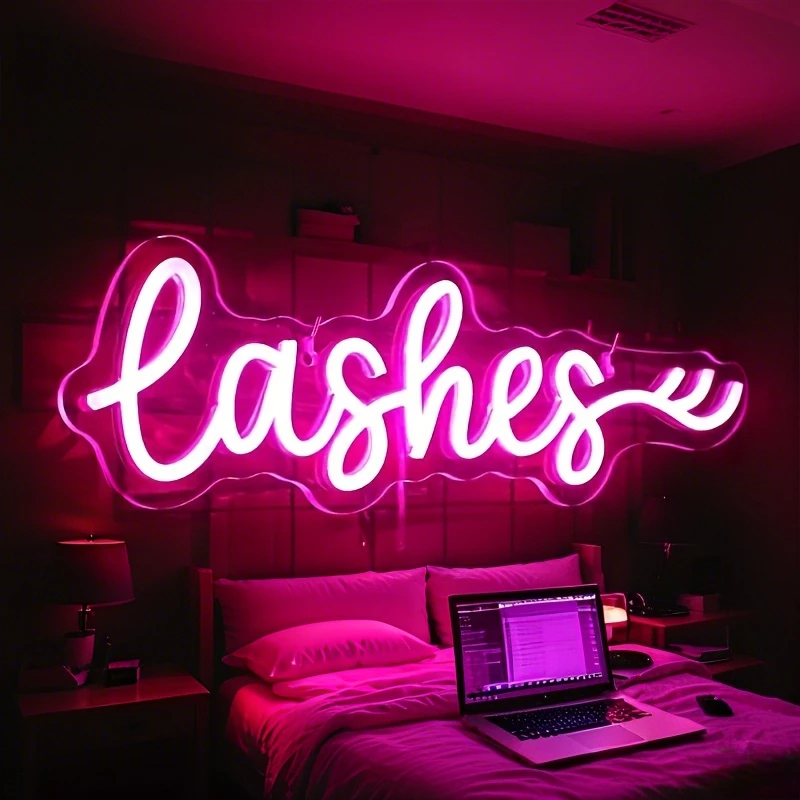 

USB-Powered Laser Neon Signs Easy Mount Pink LED Lashes Design Bedroom Home Decor Versatile Plastic Wall Art Stylish Ambiance