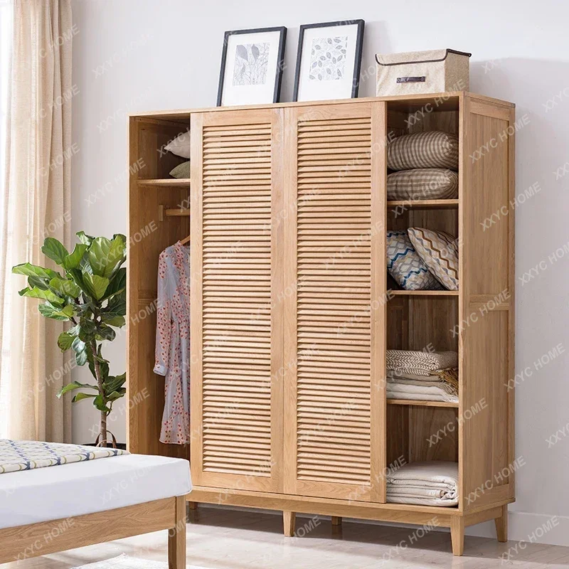 Solid wood wardrobe cherry wood sliding door louver wardrobe  log sliding door cabinet red oak furniture