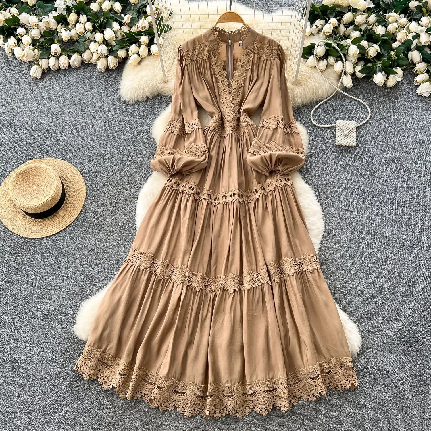

Solid Long Dresses Vintage V Neck Long Dress Casual Lace Puff Sleeve Y2k Spliced A Line Ankle Length Slim Fit Vestidos Elegant