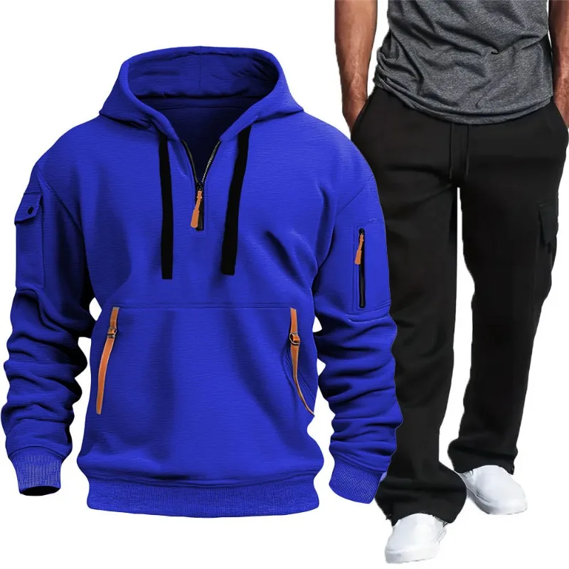 Men Hoodie Sweatshirt Set Half Zip Multi Pocket Hooded Top And Cargo Pants Two Piece Set gallery 4