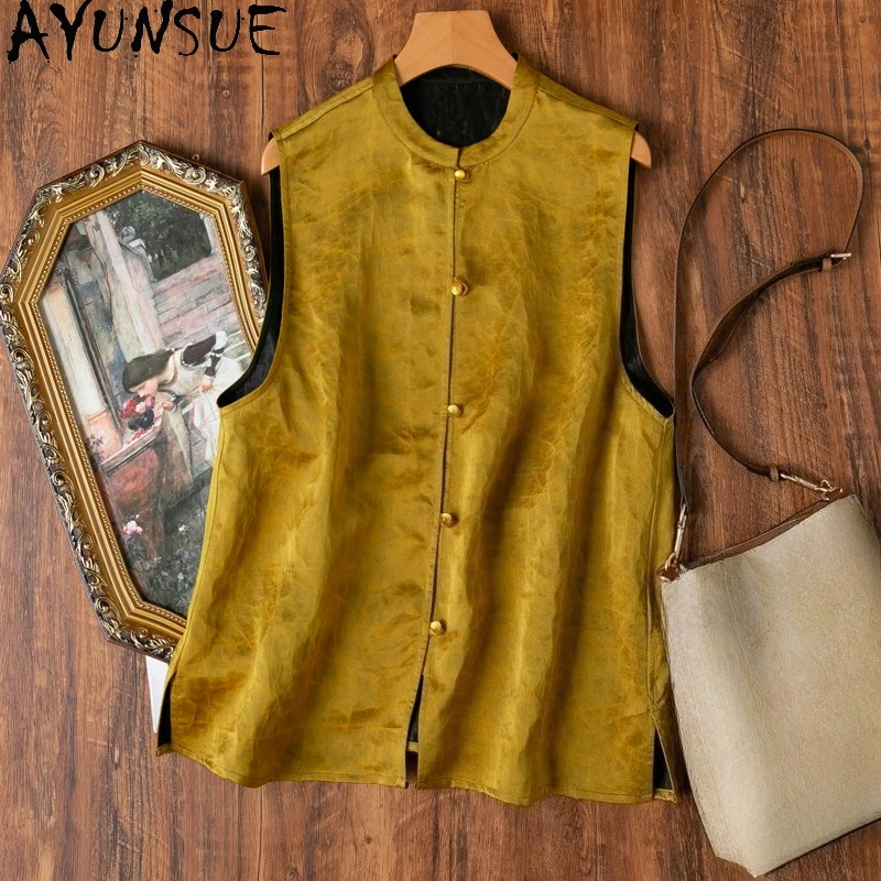 

AYUNSUE 100% Mulberry Silk Tank Tops Woman Stand Collar Sleeveless Shirts Woman Clothing High Quality Summer Tops Femme 2025