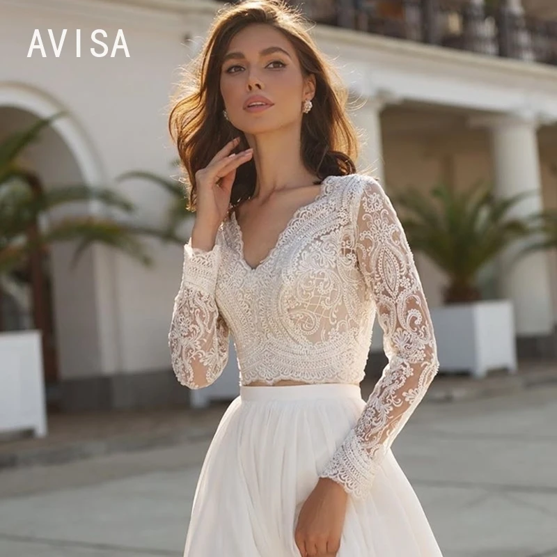 Boho 2 Pieces Wedding Dress V-Neck Long Sleeve Lace Chiffon Side Slit Bohemian Beach Bridal Gown Full Back vestidos de novia