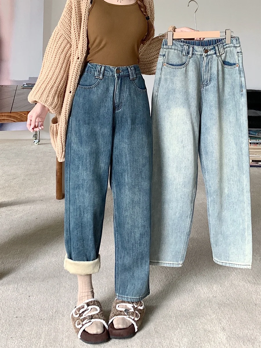 

Джинсы женские зимние прямые, на флисе, с высокой талией, утягивающие, в стиле «папа-джинсы» (харлан), повседневные, больших размеров...