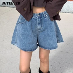 BGTEEVER Summer High Waist Pockets Female A-line Denim Shorts Casual Loose Single Button Wide Leg Jeans Shorts Women