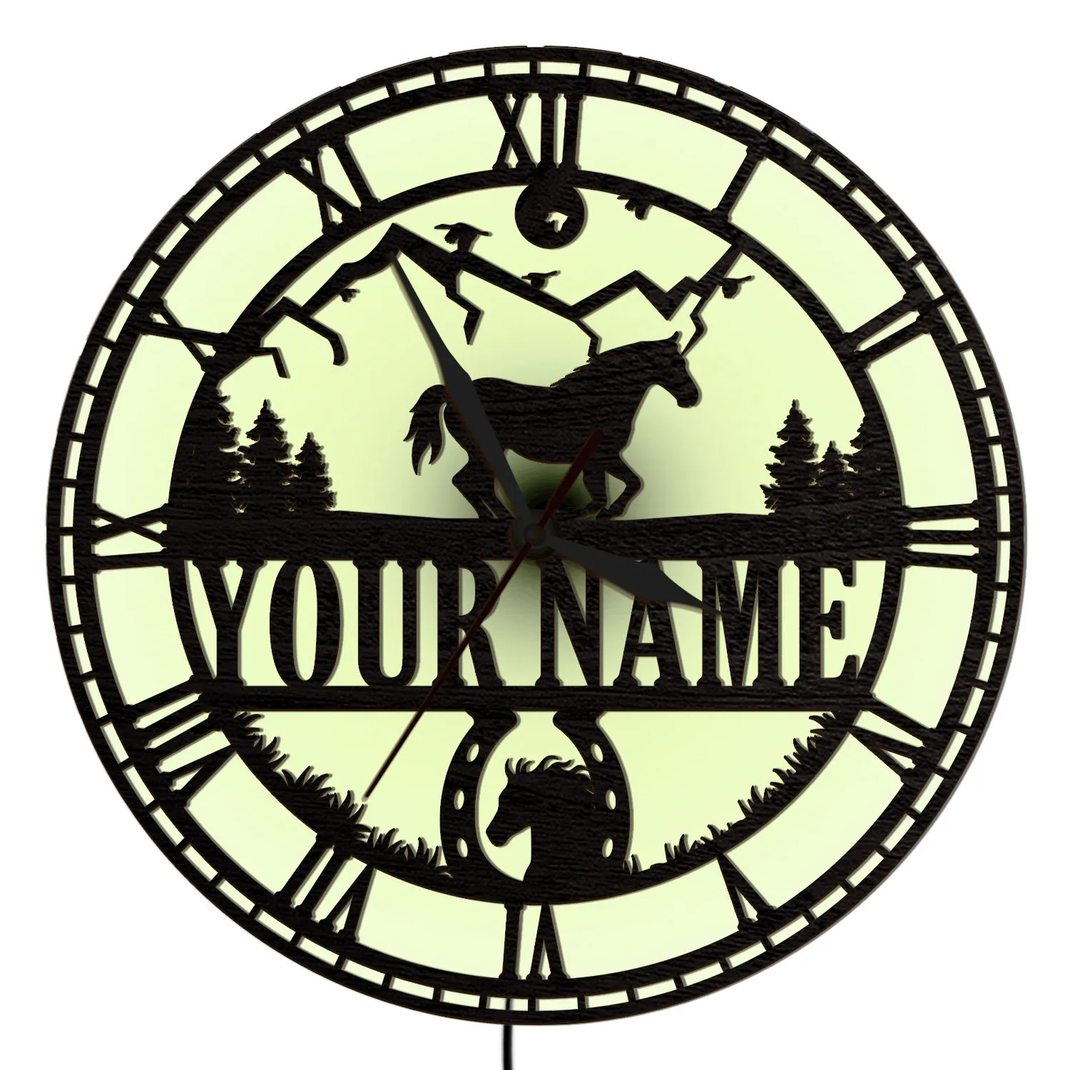 Personalized Running Horse Silhouette LED Backlight Wall Clock Farm Cabin Home Decor Custom Name Equestrian Light Up Wall Clock