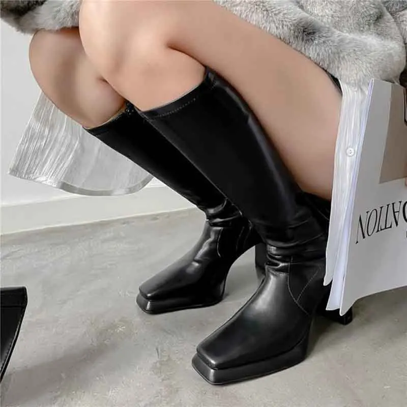 

Thick Heel Platform Knee Boots Square Toe High Heel Elastic Botines Chelsea Simple Leather Long Botas Femininas Women Shoes