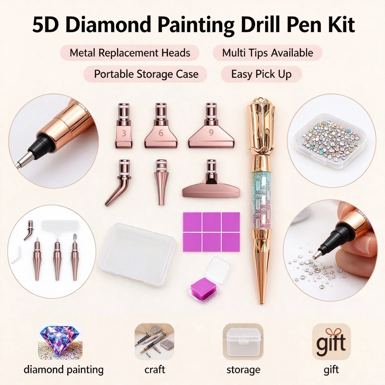 Rose Gold 5D Diamond Painting Tool Set with 6 Sizes Tips Diamond Painting Pen Wax Clay And Storage Box DIY Diamond Art Craft Sup