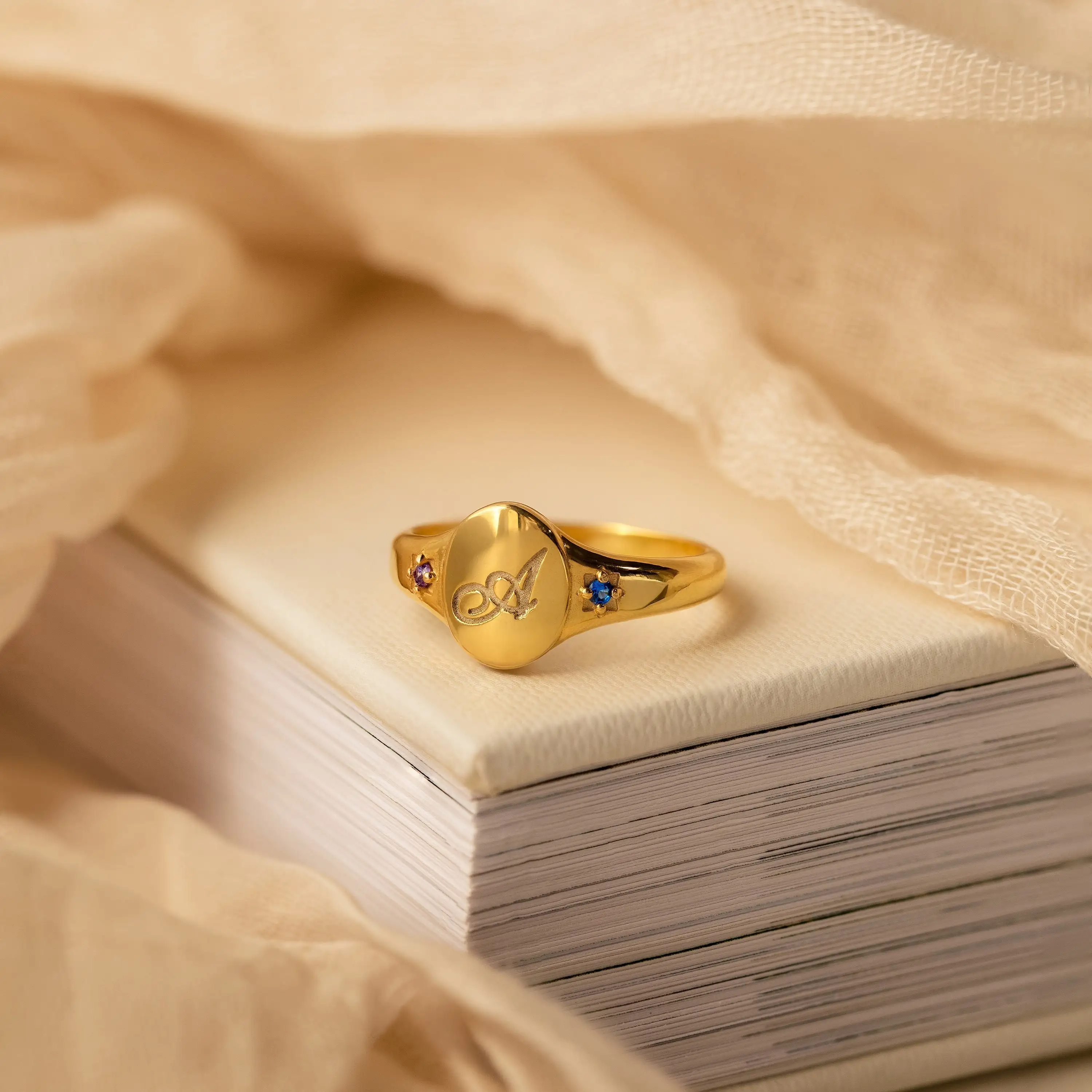 Personalized Birthstone Single-Letter Ring Customized Double-Letter Couple's Ring Golden Signet Engraved Ring Women's Jewelry