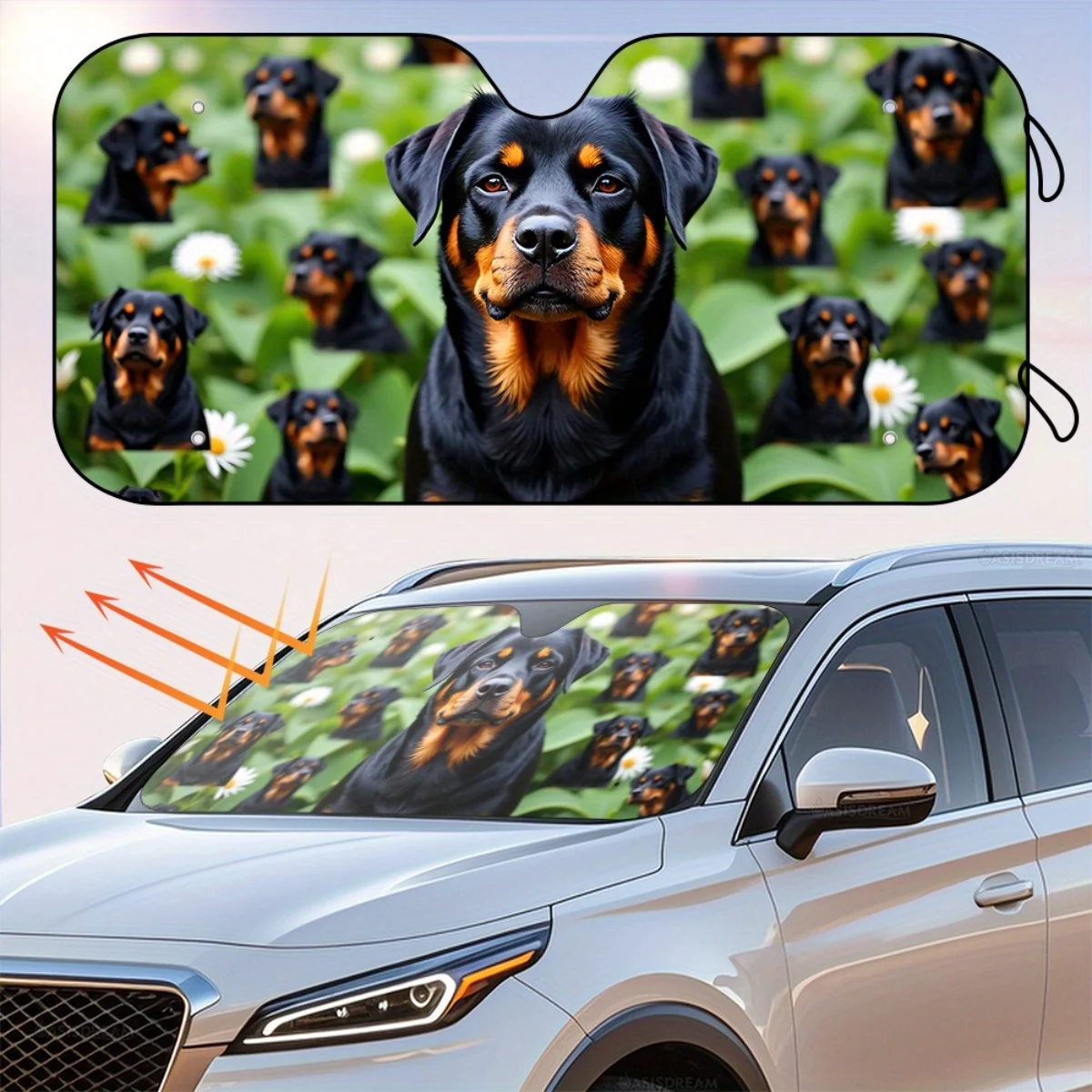 قطعة واحدة من مظلة السيارة WILDLAVIE Rottweiler وطبعة زهور - غطاء زجاج أمامي مقاس 57 بوصة × 27.5 بوصة مع 4 أكواب شفط مجانية، حماية متينة من الأشعة فوق البنفسجية #6