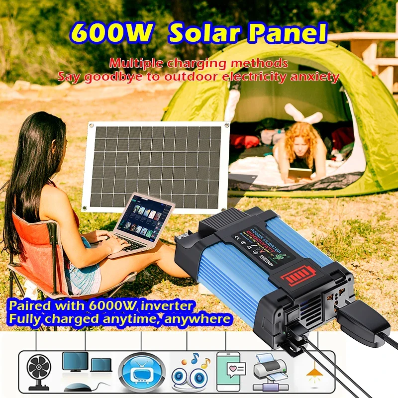 6000W Solar Inverter Kit Complete Power Generation 600W Solar Panel 110V/220V System 12V Solar Panel Battery Charging Controller