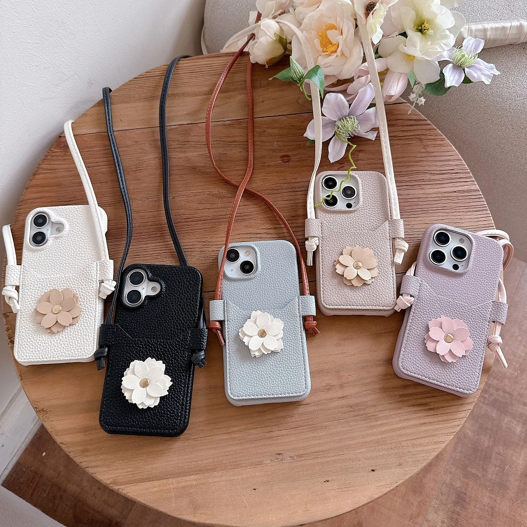 

Luxury Shoulder Strap Leather Card Slot Pocket Wallet Case For iPhone 11 12 13 14 15 16E 16 Pro Max Plus Phone Cover With Flower