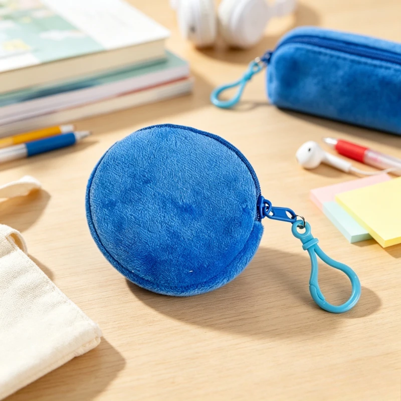 Macaron Color Plush Round Coin Purse Cute Mini Zipper Wallet with Clip Portable Earphone Key Storage Pouch for Students