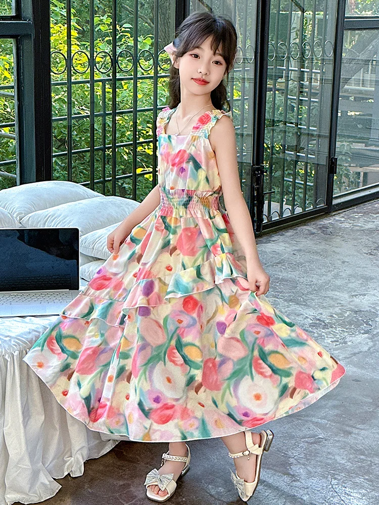 

Свободная детская одежда с милым принтом для детей 6, 8, 10, 12, 14 лет, одежда для подростков, платье принцессы для девочек, новое летнее детское длинное платье с пышными рукавами