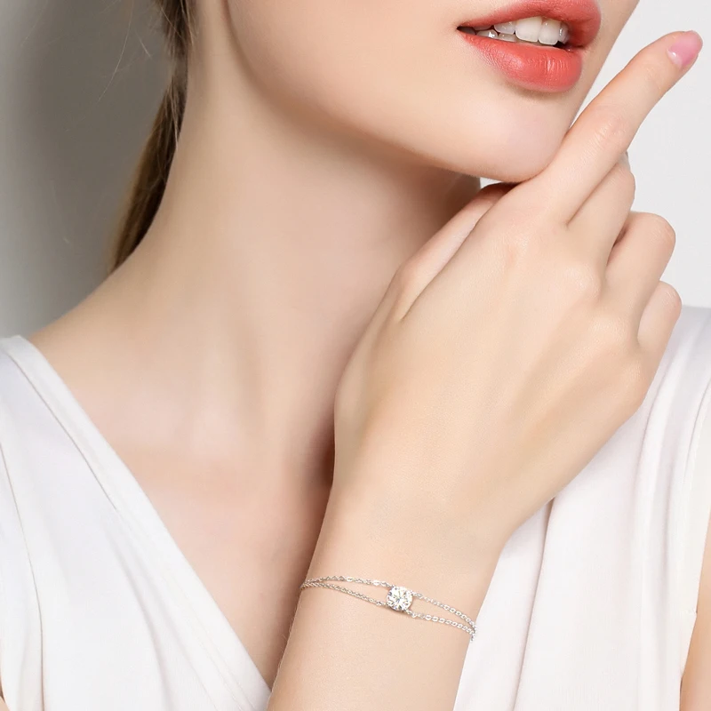 Lnngy 6,5 mm 1 Karat Moissanit-Armband, 925er Sterlingsilber, zertifizierte Doppelketten-Armbänder für Frauen, Charm-Hochzeitsschmuck, Geschenk – Detail 14
